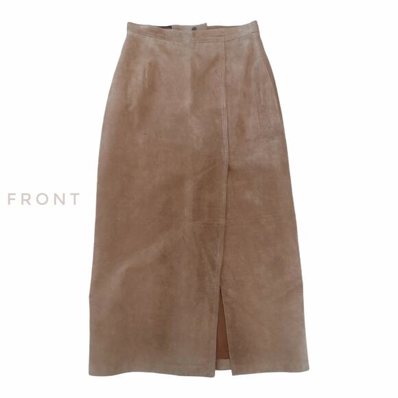Vintage Suede Maxi Skirt MARGARET GODFREY 90s Tan High Waisted Fall Winter Sz 8 - Picture 1 of 12